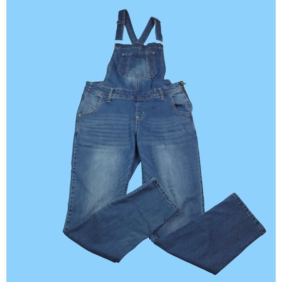 WallFlower Womens Denim Bib Overalls Large Tapered Leg Medium Wash Side Zip - Picture 1 of 6